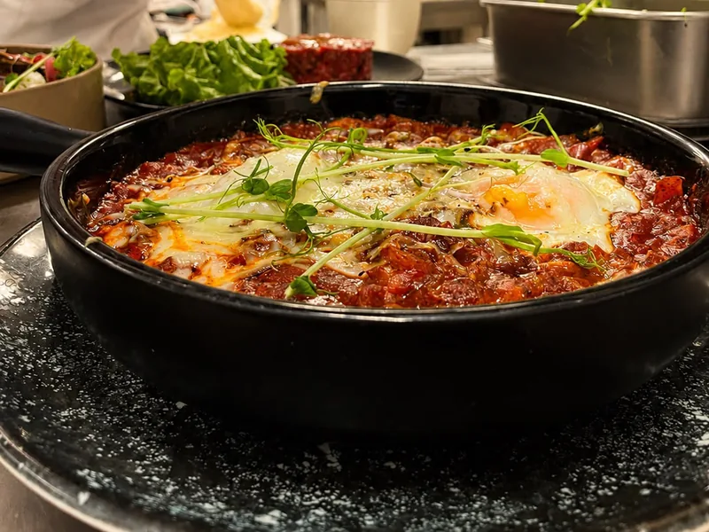 Préparation mijotée à la tomate, œuf et fromage fondu, parsemée de pousses, servie en cocotte